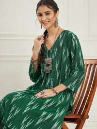 Thumbnail for InWeave Women's Green Ikkat Print V Neck Kurta Pant Set - Distacart