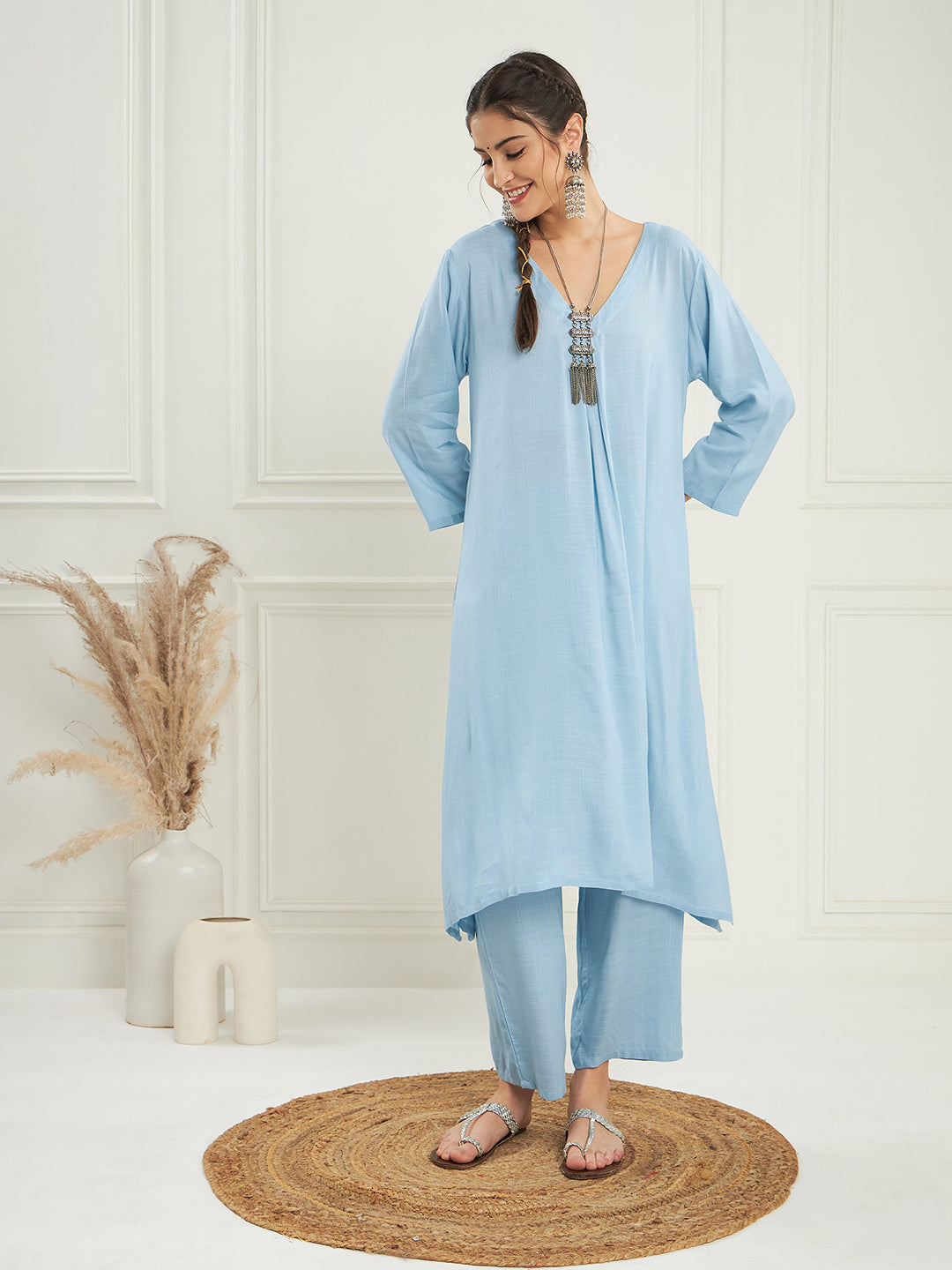 InWeave Women's Pastel Blue Solid V Neck Kurta Pant Set - Distacart