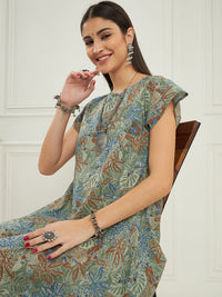 Thumbnail for InWeave Women's Dull Green Leaf Floral Print A Line Dress - Distacart