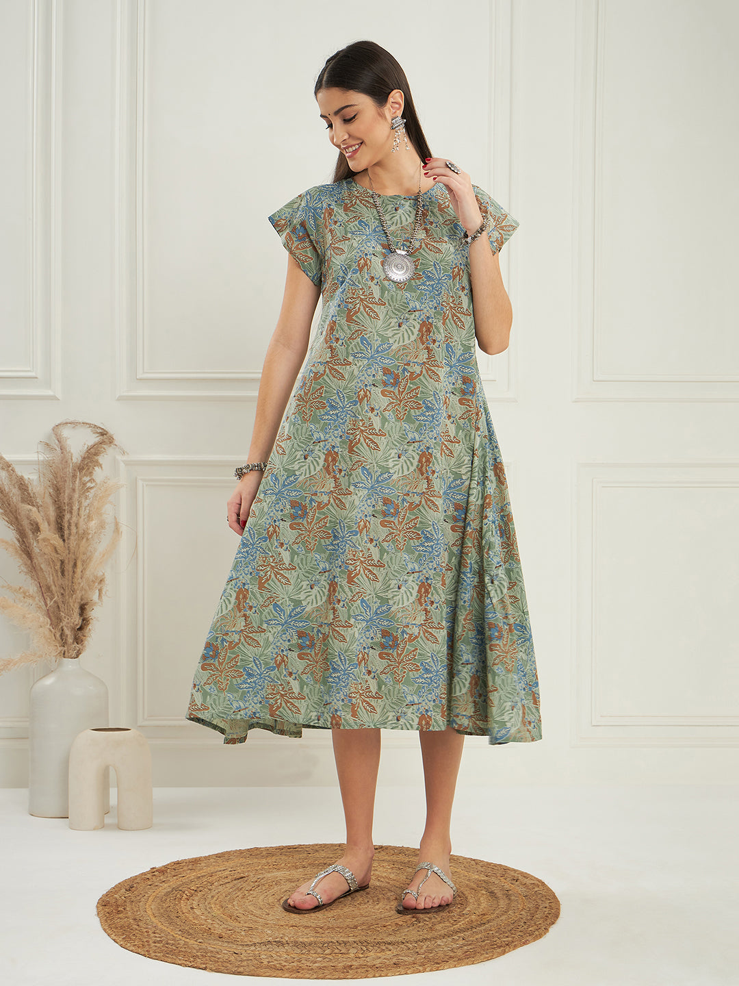 InWeave Women's Dull Green Leaf Floral Print A Line Dress - Distacart