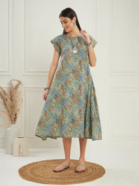 Thumbnail for InWeave Women's Dull Green Leaf Floral Print A Line Dress - Distacart
