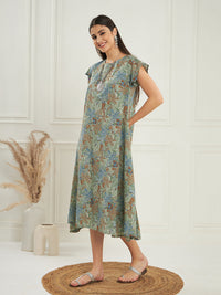 Thumbnail for InWeave Women's Dull Green Leaf Floral Print A Line Dress - Distacart
