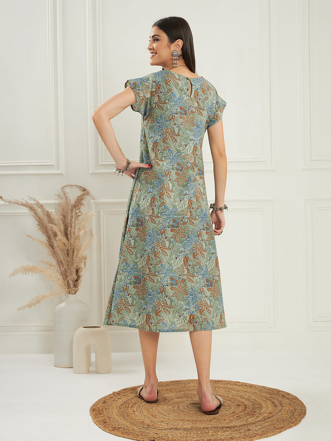InWeave Women's Dull Green Leaf Floral Print A Line Dress - Distacart