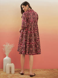 Thumbnail for InWeave Women's Wine Ikkat Print Flared Dress - Distacart
