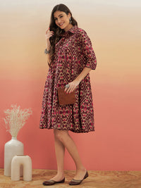 Thumbnail for InWeave Women's Wine Ikkat Print Flared Dress - Distacart
