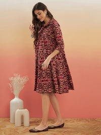 Thumbnail for InWeave Women's Wine Ikkat Print Flared Dress - Distacart