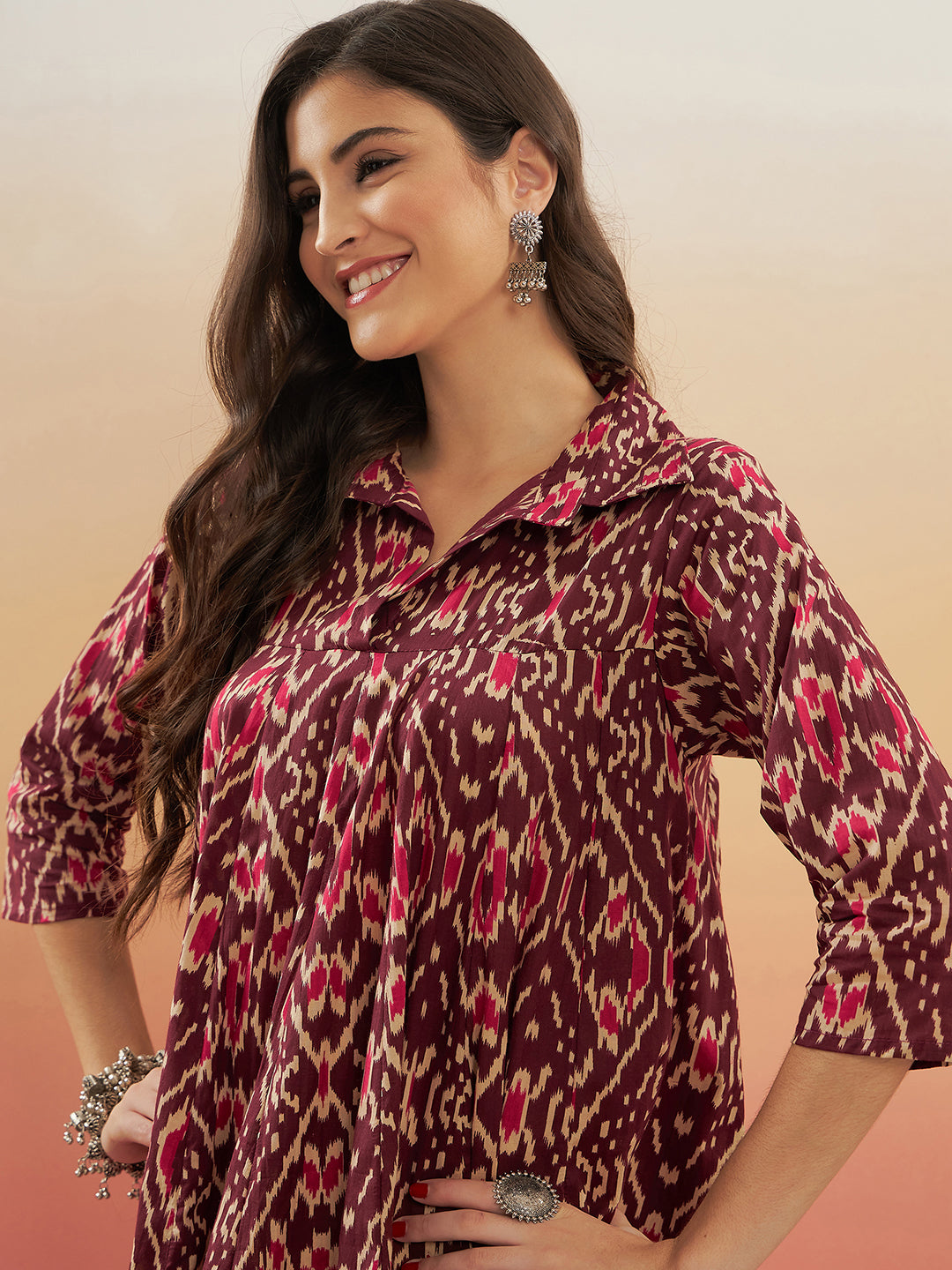 InWeave Women's Wine Ikkat Print Flared Dress - Distacart