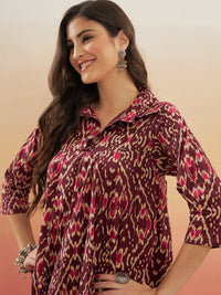 Thumbnail for InWeave Women's Wine Ikkat Print Flared Dress - Distacart