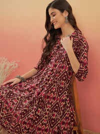 Thumbnail for InWeave Women's Wine Ikkat Print Flared Dress - Distacart