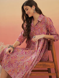 Thumbnail for InWeave Women's Pink Coral Floral Print Flared Dress - Distacart