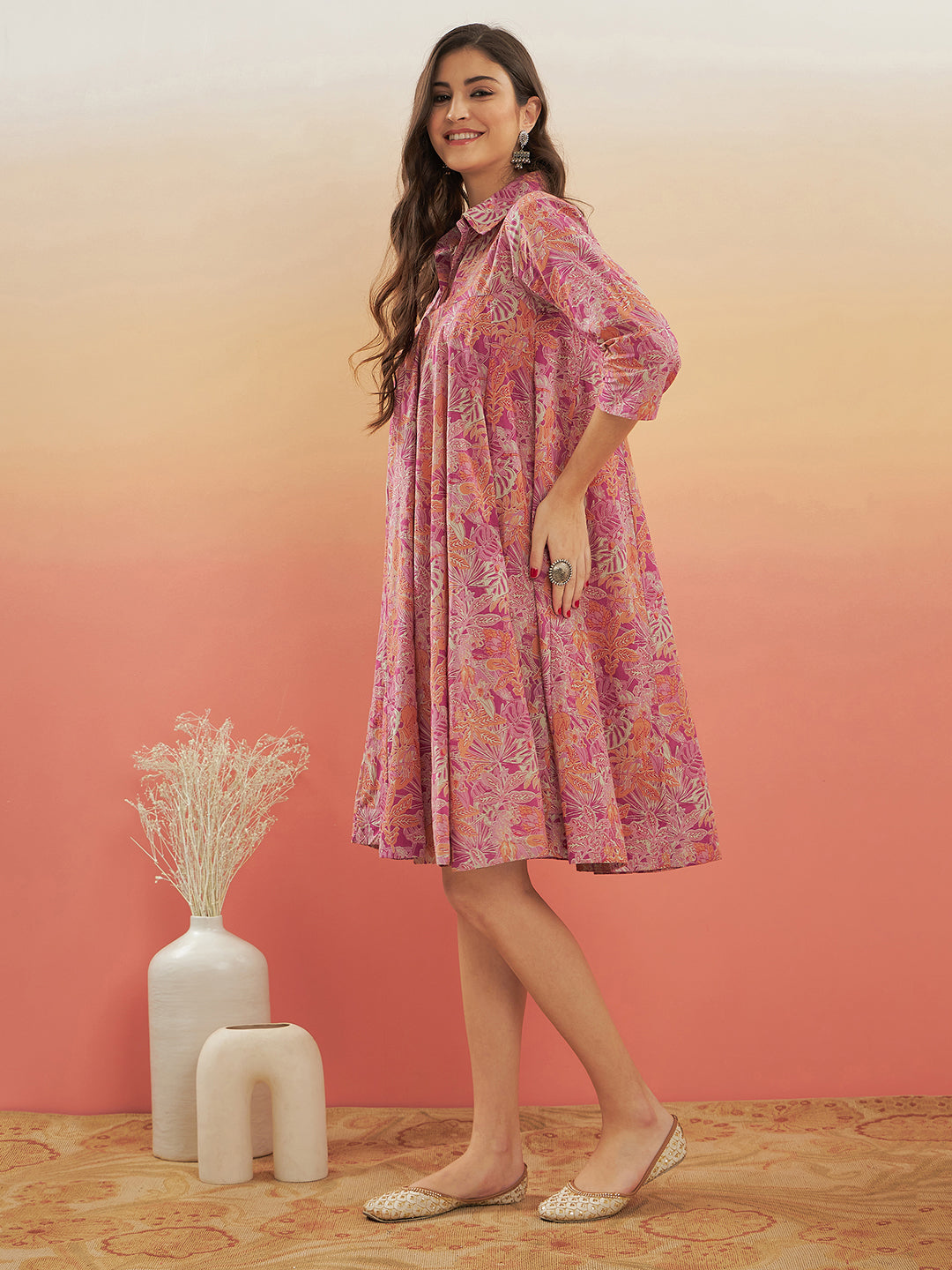InWeave Women's Pink Coral Floral Print Flared Dress - Distacart
