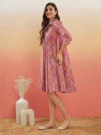 Thumbnail for InWeave Women's Pink Coral Floral Print Flared Dress - Distacart