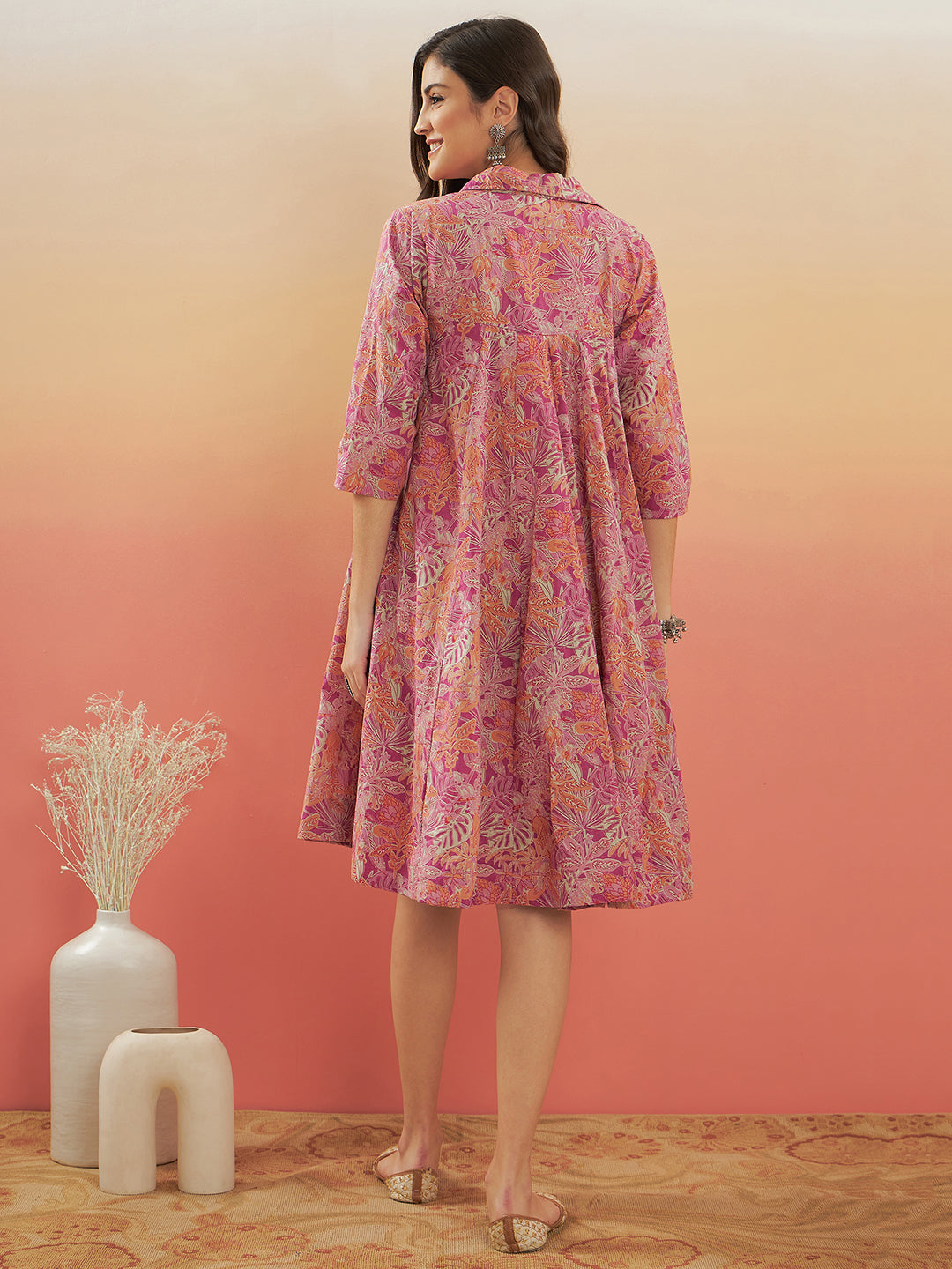 InWeave Women's Pink Coral Floral Print Flared Dress - Distacart