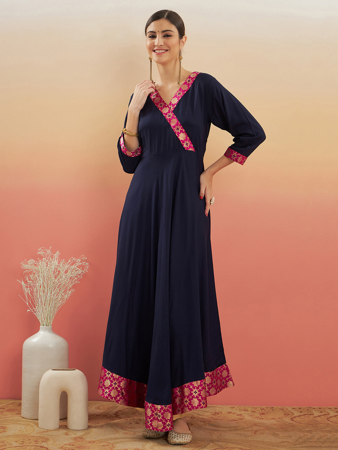 InWeave Women's Navy Blue Pink Border Anarkali Kurta - Distacart