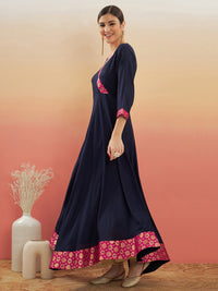Thumbnail for InWeave Women's Navy Blue Pink Border Anarkali Kurta - Distacart