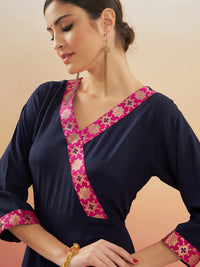 Thumbnail for InWeave Women's Navy Blue Pink Border Anarkali Kurta - Distacart
