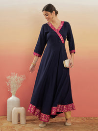 Thumbnail for InWeave Women's Navy Blue Pink Border Anarkali Kurta - Distacart