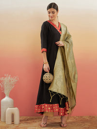 Thumbnail for InWeave Women's Black Red Border Anarkali W Golden Wedding Brocade Dupatta - Distacart
