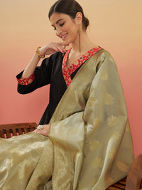Thumbnail for InWeave Women's Black Red Border Anarkali W Golden Wedding Brocade Dupatta - Distacart