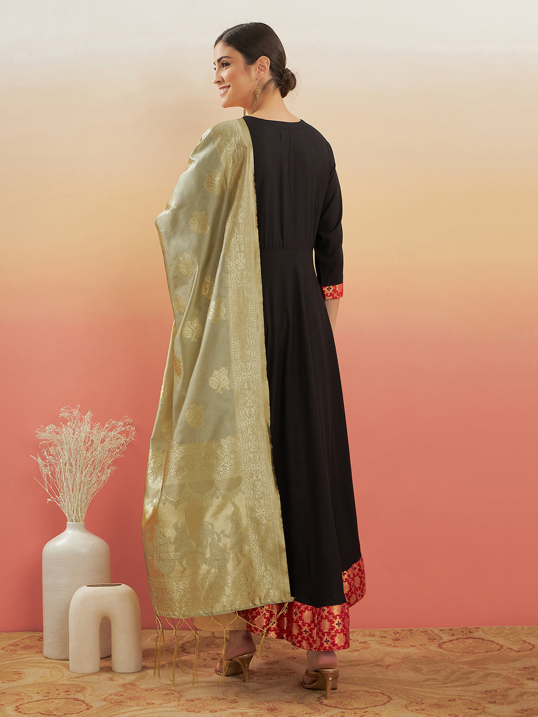 InWeave Women's Black Red Border Anarkali W Golden Wedding Brocade Dupatta - Distacart