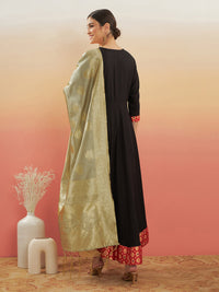 Thumbnail for InWeave Women's Black Red Border Anarkali W Golden Wedding Brocade Dupatta - Distacart
