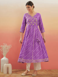 Thumbnail for InWeave Women's Lilac Purple Lehriya Gota Work Angrakha Style Anarkali Kurta - Distacart