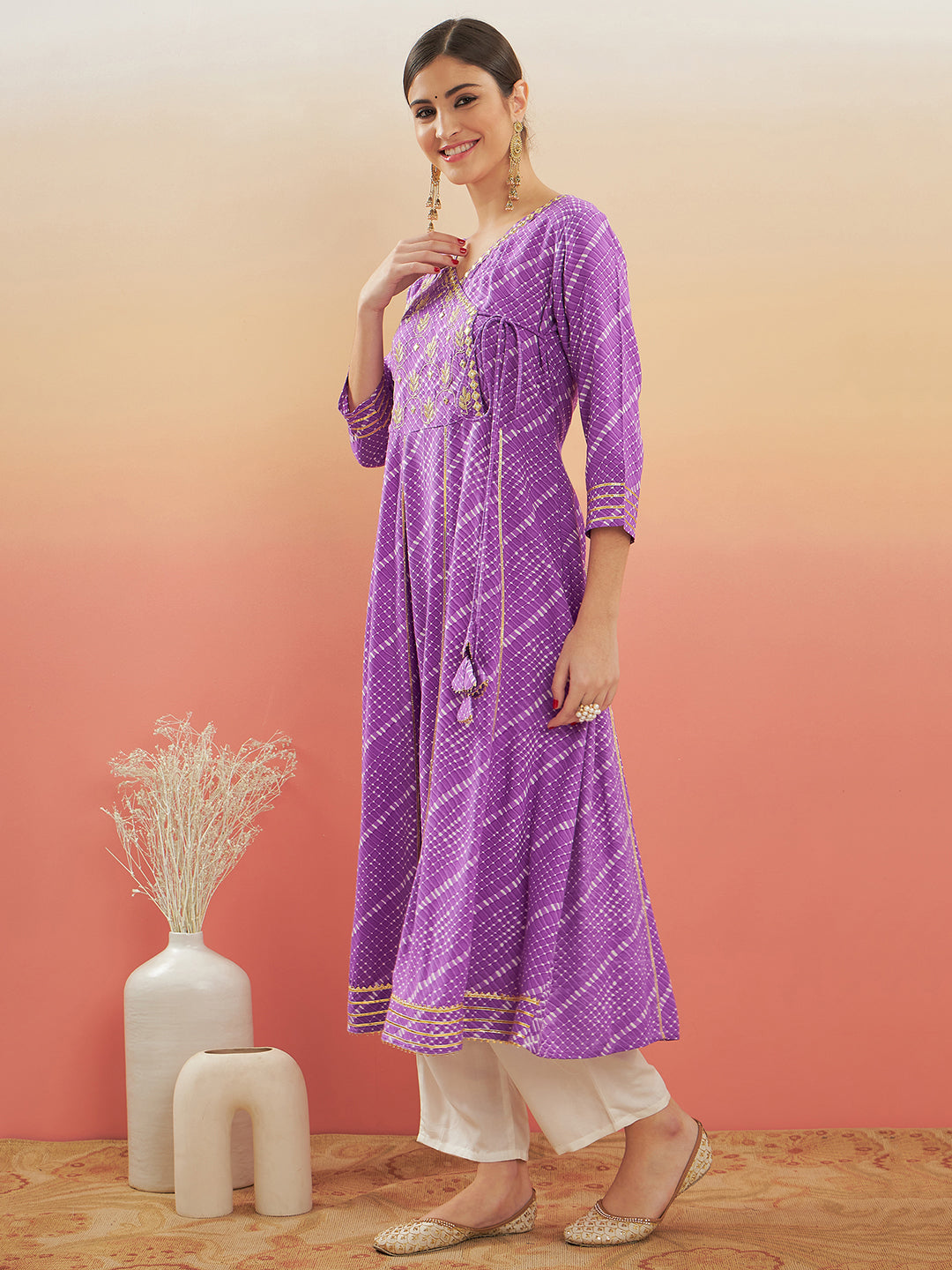 InWeave Women's Lilac Purple Lehriya Gota Work Angrakha Style Anarkali Kurta - Distacart