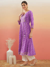 Thumbnail for InWeave Women's Lilac Purple Lehriya Gota Work Angrakha Style Anarkali Kurta - Distacart