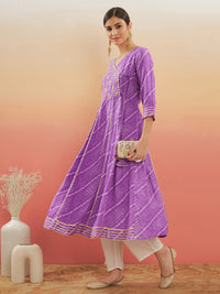Thumbnail for InWeave Women's Lilac Purple Lehriya Gota Work Angrakha Style Anarkali Kurta - Distacart