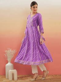 Thumbnail for InWeave Women's Lilac Purple Lehriya Gota Work Angrakha Style Anarkali Kurta - Distacart