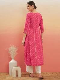 Thumbnail for InWeave Women's Punch Pink Lehriya Gota Work Angrakha Style Anarkali Kurta - Distacart