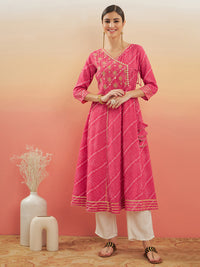 Thumbnail for InWeave Women's Punch Pink Lehriya Gota Work Angrakha Style Anarkali Kurta - Distacart