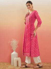 Thumbnail for InWeave Women's Punch Pink Lehriya Gota Work Angrakha Style Anarkali Kurta - Distacart