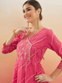 Thumbnail for InWeave Women's Punch Pink Lehriya Gota Work Angrakha Style Anarkali Kurta - Distacart