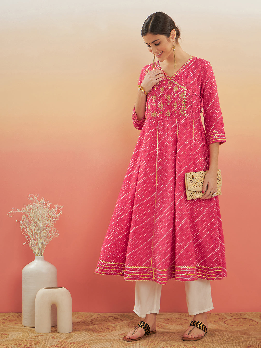 InWeave Women's Punch Pink Lehriya Gota Work Angrakha Style Anarkali Kurta - Distacart