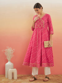 Thumbnail for InWeave Women's Punch Pink Lehriya Gota Work Angrakha Style Anarkali Kurta - Distacart