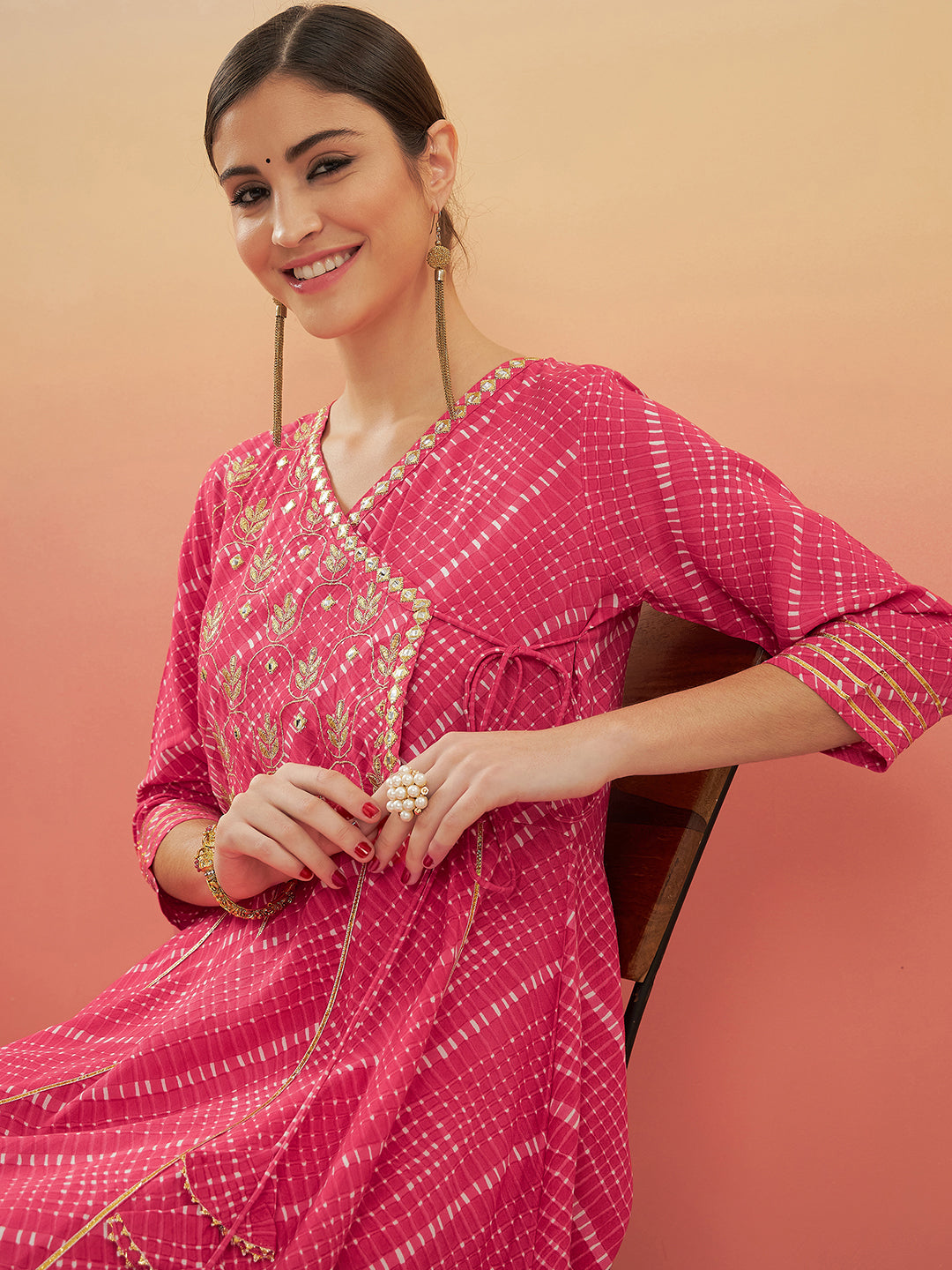 InWeave Women's Punch Pink Lehriya Gota Work Angrakha Style Anarkali Kurta - Distacart