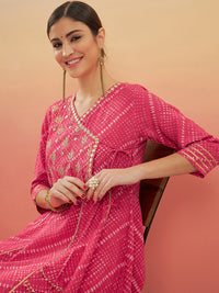 Thumbnail for InWeave Women's Punch Pink Lehriya Gota Work Angrakha Style Anarkali Kurta - Distacart