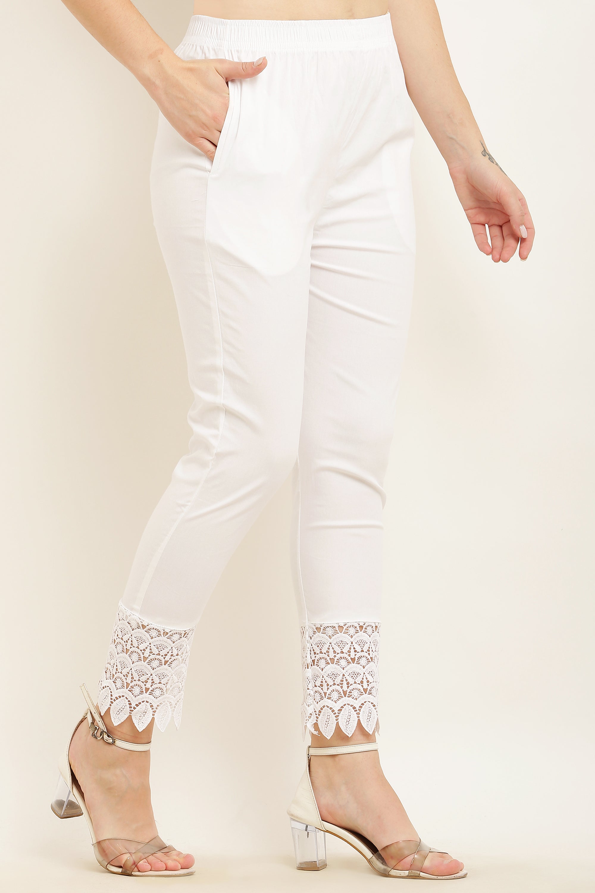 PAVONINE White Color Leaf Kirosia Lace Hem Cotton Fabric Palazzo For Women - Distacart