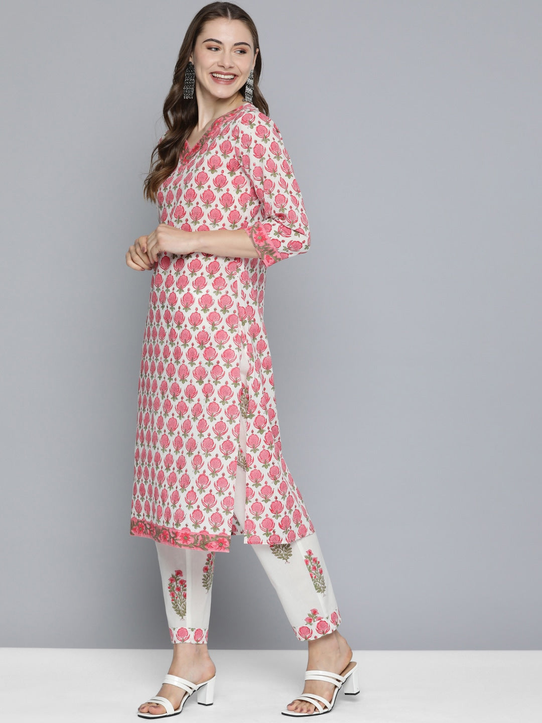 HERE&NOW Women Floral Printed Regular Pure Cotton Kurta with Trousers & With Dupatta - Distacart