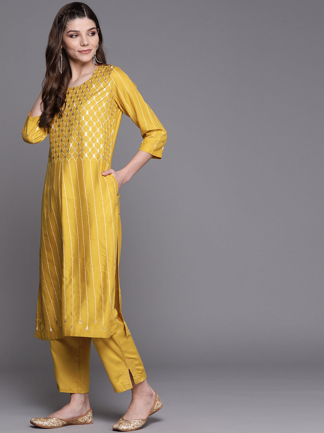 Biba Women Mustard & Golden Striped Kurta with Trousers - Distacart