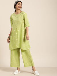 Thumbnail for Sangria Women Green & White Embroidered Pure Cotton Asymmetric Kurta with Palazzos - Distacart