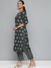 Thumbnail for HERE&NOW Women Black & Green Printed Pure Cotton Kurta with Trousers - Distacart