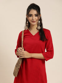 Thumbnail for Sangria Women Red Solid Pure Cotton Gotta Patti Kurta with Abstract Print Trousers - Distacart