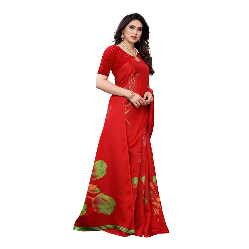 Printed Jute Silk Red Saree