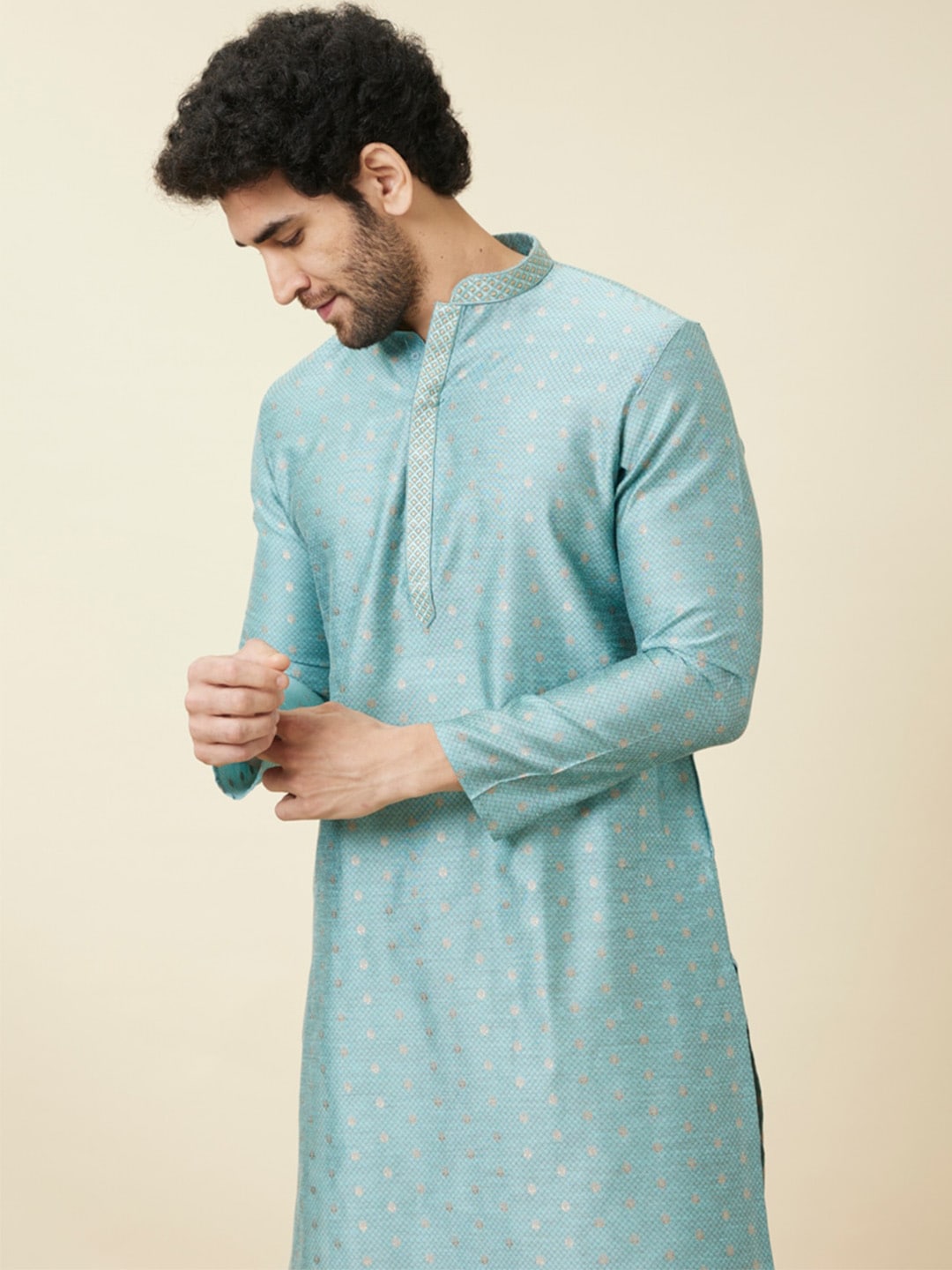Manyavar Mandarin Collar Woven Design Thread Work Kurta with Pyjamas - Distacart