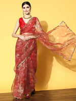 Thumbnail for Tikhi Imli Red Floral Sequinned Organza Saree - Distacart