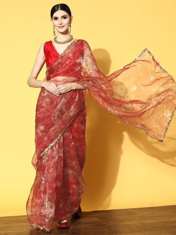 Tikhi Imli Red Floral Sequinned Organza Saree - Distacart