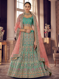 Thumbnail for Myra Turquoise Organza Embroidered Designer Lehenga - Distacart