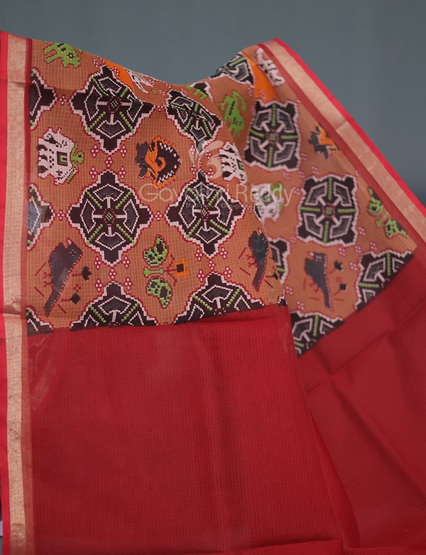 Shades of Light Chikoo Colour With Patola Design Pure Kota Cotton Saree By Gayathri Reddy Designer Studio - Distacart